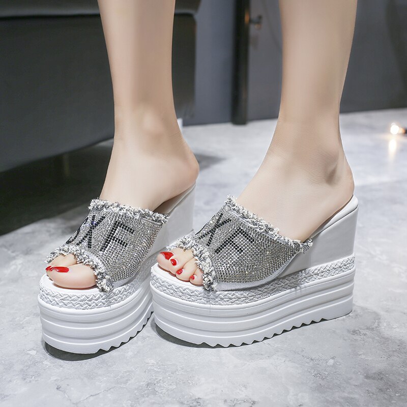 Platform Rhinestone Sandals Slippers Women Beach Slides Women Wedge Platform Slippers Summer Beach Slippers Open Toe Heels