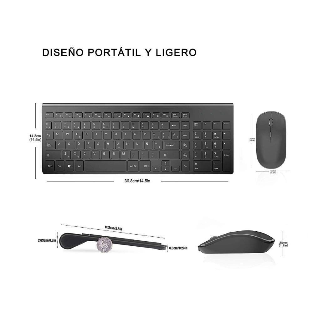 Spanish Wireless Keyboard and Mouse Combo, 2.4G Full Size Thin Rechargeable,Wireless Keyboard Mouse Ergonomic and Compact