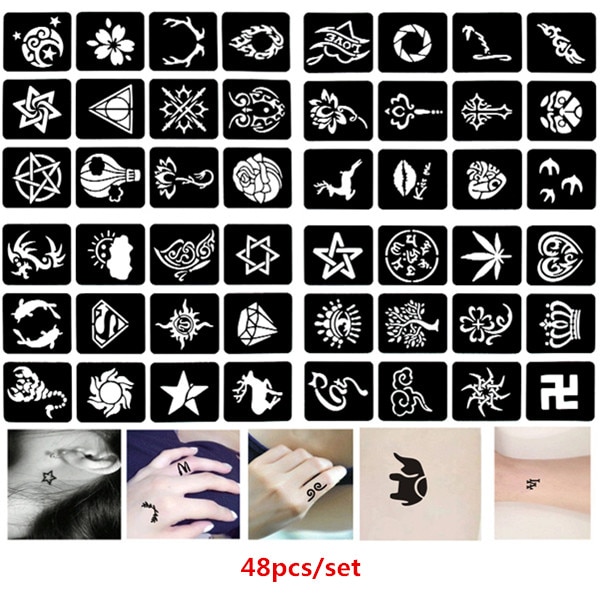 48 Stks/set Henna Stencils Diy Tattoo Sjabloon Bloem Kat Herten Glitter Tattoo Stencil Voor Hand Arm Been Airbrush Stencil