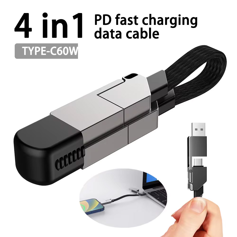 Multi Charging Cable Short for Travel Portable Magnetic Keyring 4 in 1 Fast Charger Cord PD 60W USB A/C to Type C for Phone Pads