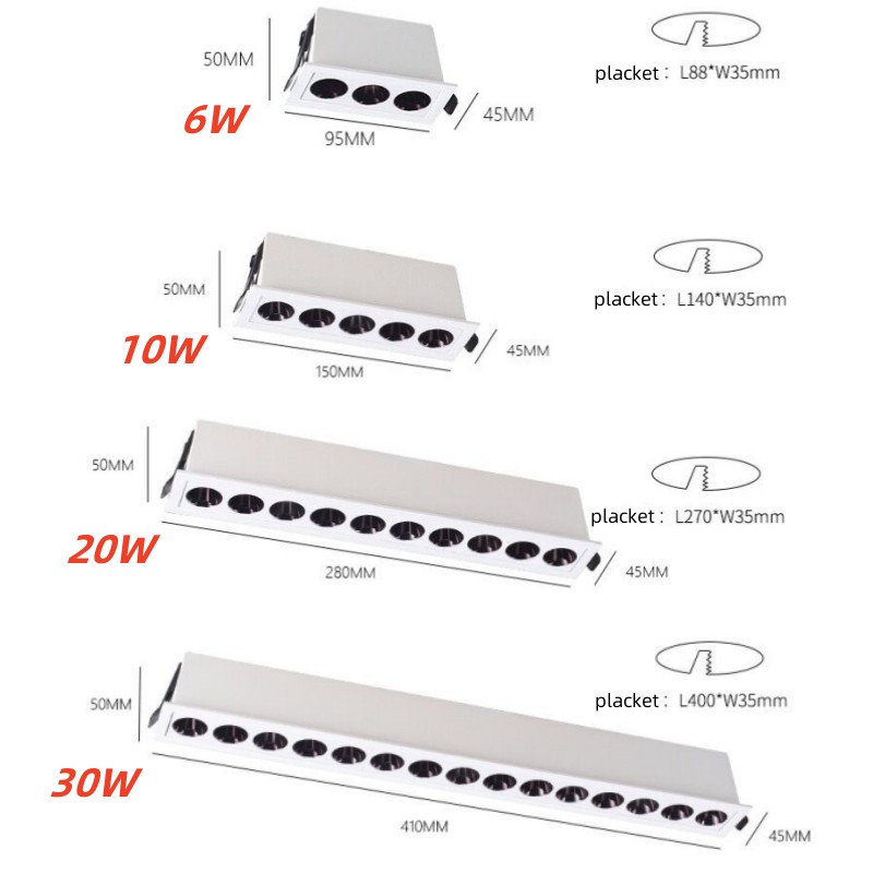 Dimbar led-downlight spotlight 6w 10w 20w 30w linjers lysstang lineær lang stripe stue korridorlampe innfelt