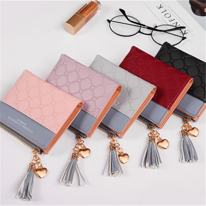 DEABOLAR Brand Sweet Women's Tassel Mini Zipper Wallet Pink Hasp Slim Card Holder Purse for Women