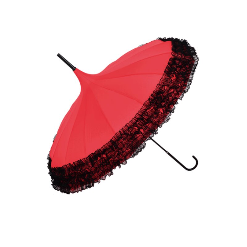 Princess Lace Pagoda Umbrellas For Straight Bar Semi Automatic Long Handle Hook Rain Gear Lady Sunshade Unbrellas Women Parasol: Red