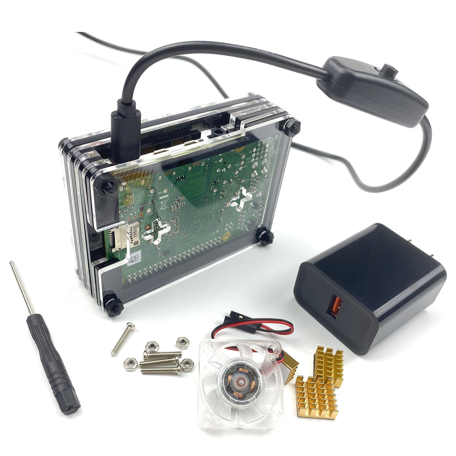S ROBOT Raspberry Pi 4 case kit with heat sink & Cooling fan & type-c USB cable with On/Off Switch & Power Supply RPI107