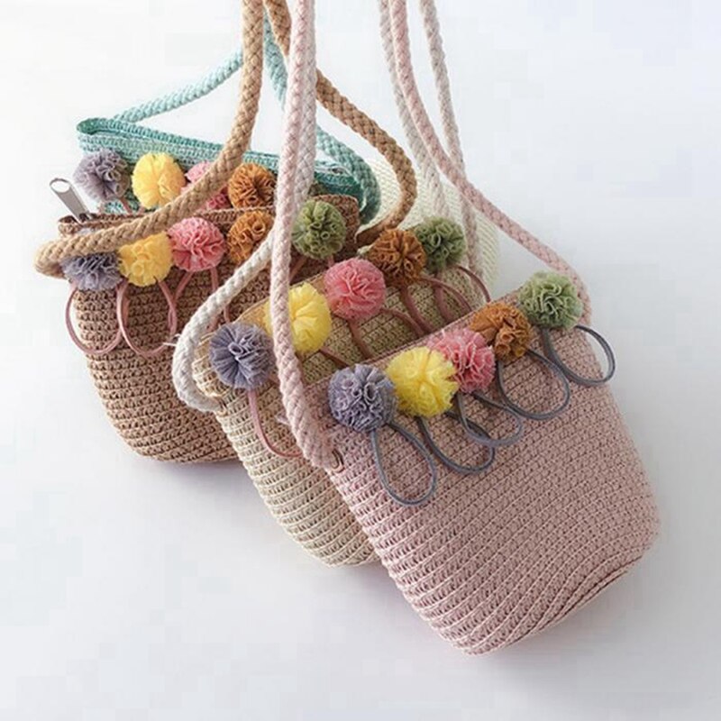 2 Stuks Meisjes Schoudertas Stro Rotan Weave Crossbody Tas Voor Baby Meisjes Best-Roze & Groen