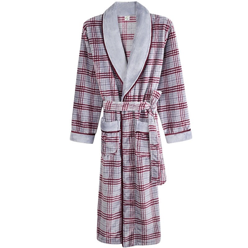 Plaid Robes pour hommes Super doux flanelle corail polaire longue Robe de bain hommes Kimono peignoir mâle Robe de chambre Robes: M