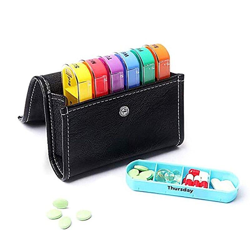 Caja de pastillas para organización estuche semanal bonito recordatorio de viaje diario AM PMDay noche 7 compartimentos con pastillero negro de cuero PU Cas: Default Title