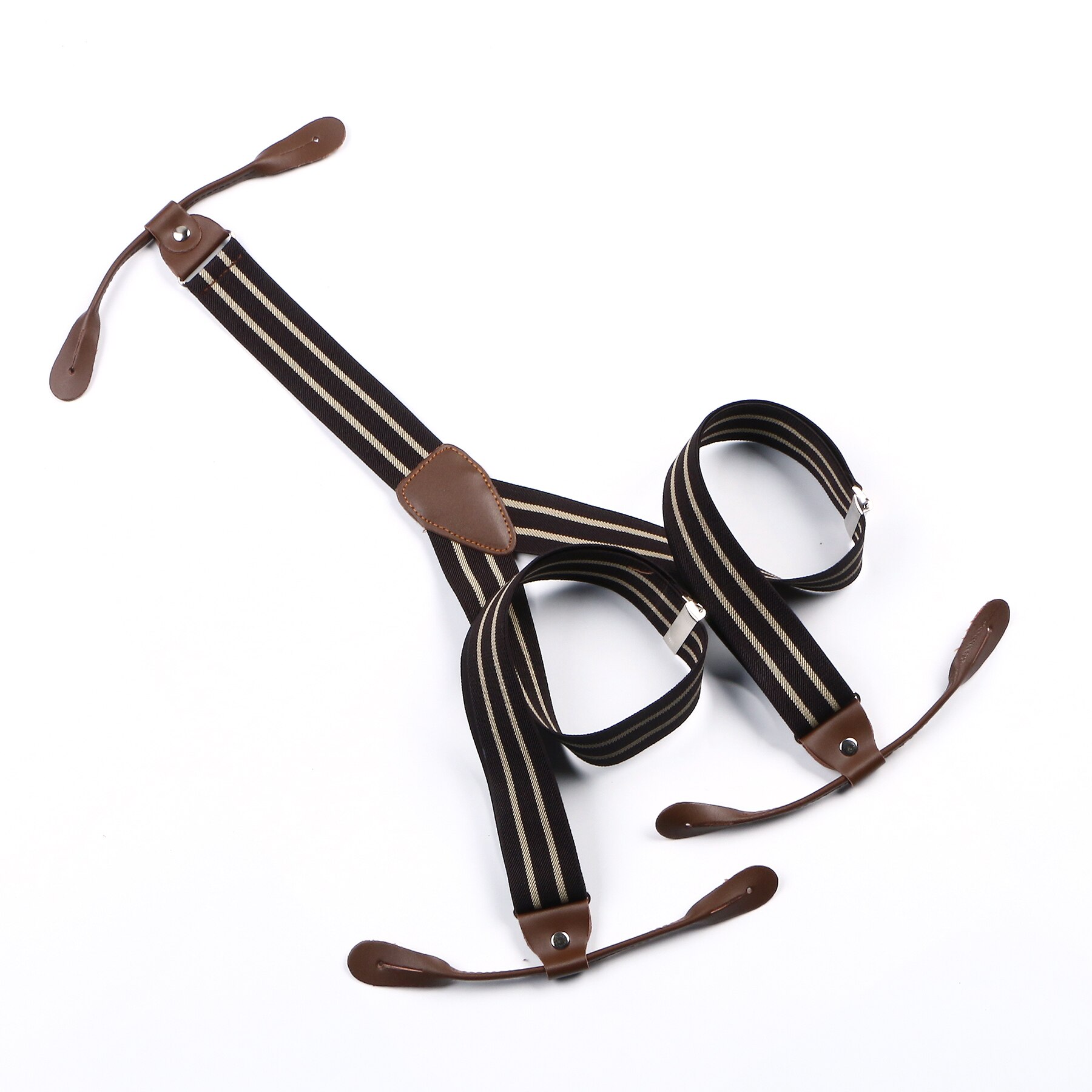 Braces Suspender Adjustable Leather Fitting Six Button Belt Dark Coffee Beige Striped Braces BD756