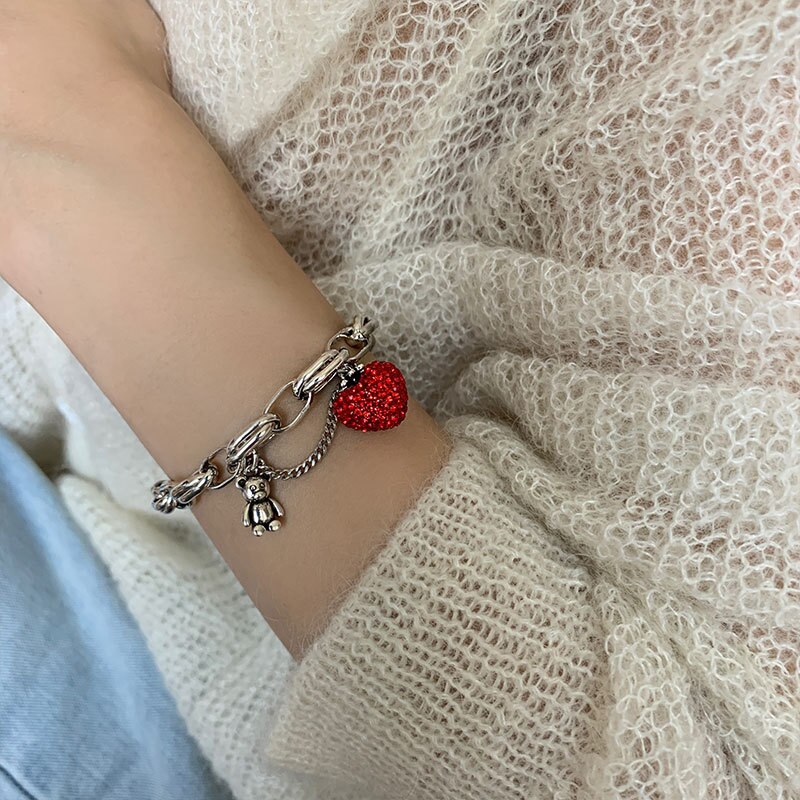 Foxanry 925 selo grosso corrente pulseiras para as mulheres na moda elegante encantador espumante morango zircão festa jóias