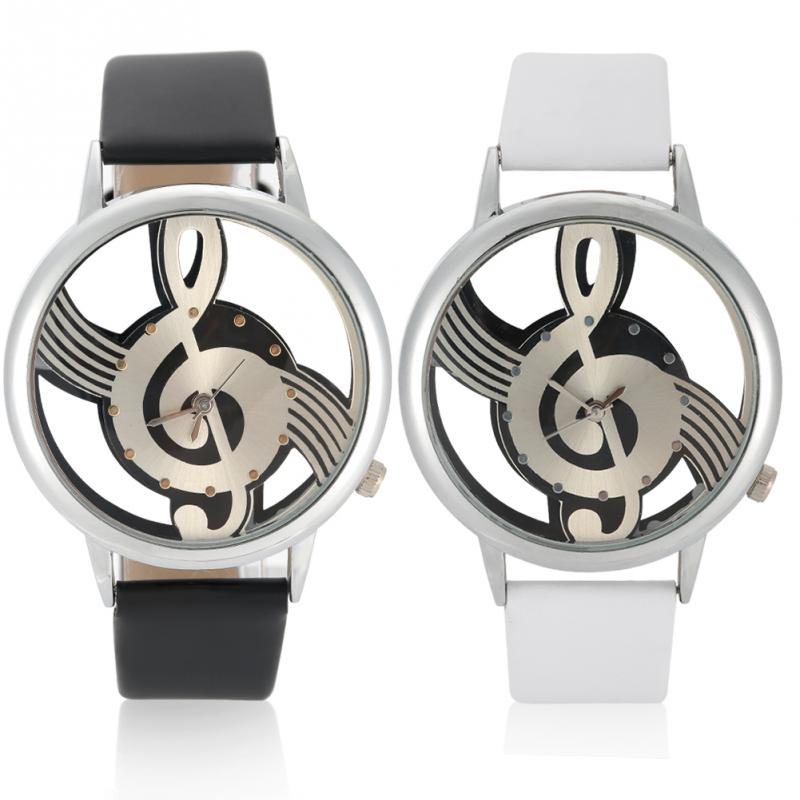 2 kleuren Quartz Analoog Paar Horloge Ronde Hollow Muzieknoot Wijzerplaat PU Band Polshorloge