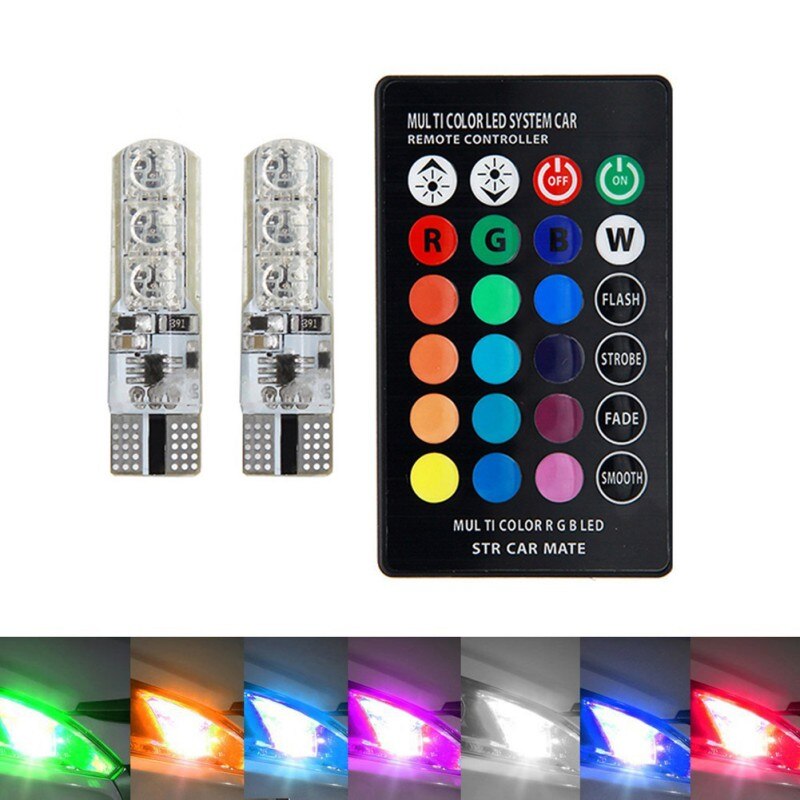 2PCS RGB T10 Led SMD Car Dome Reading Light Automobiles Wedge Lamp RGB LED Bulb With Remote Controller