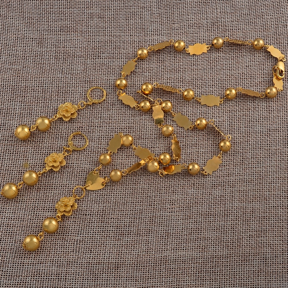 Anniyo 63cm flor y collares de cuentas y pendientes de bola redonda para las mujeres Marshall islas Color oro joyería de #121806S