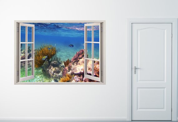 3D Effect Window View WALL STICKERS Coral reef fishes Vinyl Decal Decor Muraleef fish underwater wall sticker for home decor