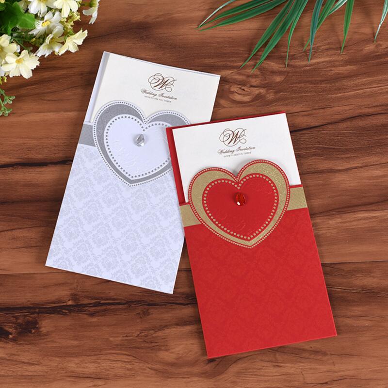 30pcs/lot Big Heart Red White Wedding Invitations Mariage Invitation Cards Birthday Party Pocket Invitation