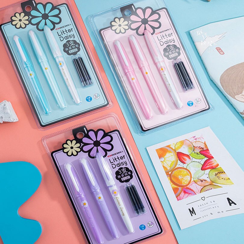 Pluma estilográfica de 3 piezas para niños, bolígrafos de tinta borrables con Punta pequeña Kawaii, suministros de papelería para escuela y oficina