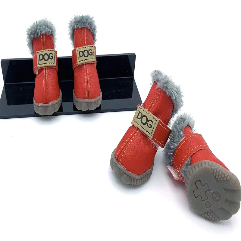 Leather Dog Snow Boots Waterproof Chihuahua Pug Shoes Pet Supplies 4 Pcs/set Winter Pet Dog Shoes For Small Dogs Cats Super Warm: L / Red