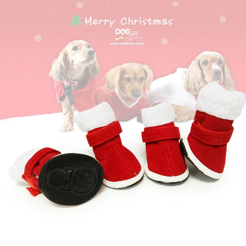 4 stk / sæt kæledyrssko kattehund julesko varm fløjl røde sko kæledyrstilbehør til lille hundesko cachorro