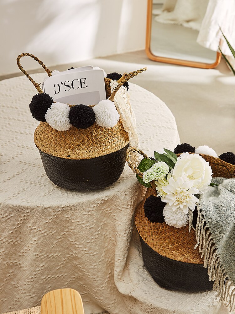 Handgemachte Weide Lagerung Körbe Faltbare Wäsche Stroh Patchwork Rattan Seegras Bauch Garten Blumentopf Pflanzer Korb