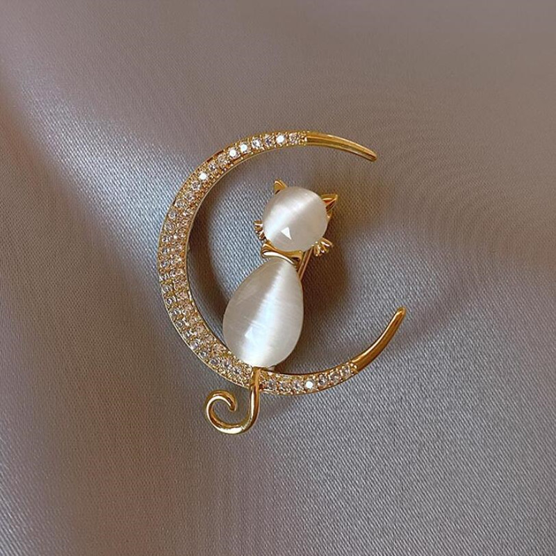 Broches de chat en opale pour femme, chaton mignon, épingle à revers en cristal, bouton de collier, robe de soirée, protection du col: Imitation plaquée rhodium