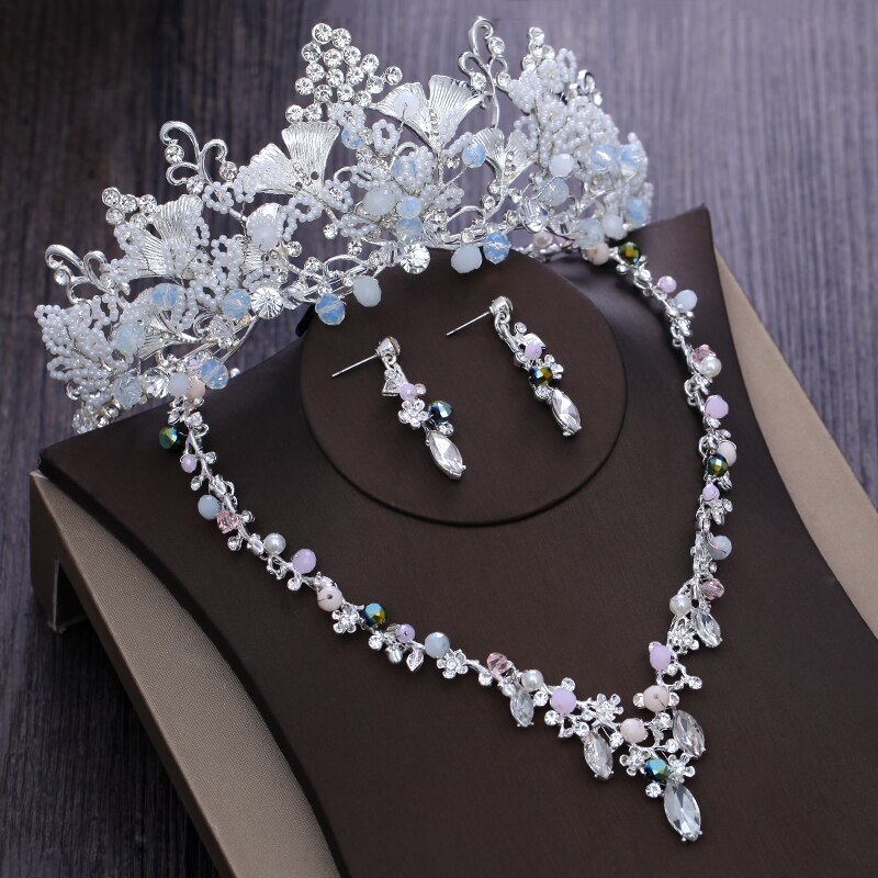 Baroque luxe argent plaqué cristal fleurs ensembles de bijoux de mariée strass couronne collier boucles d'oreilles ensemble accessoires de cheveux de mariage