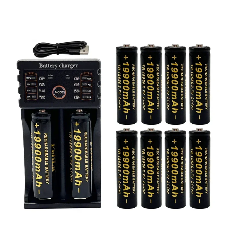 100% 18650 battery 3.7V 19900mAh rechargeable lithium ion battery with Led flashlight charger Toy battery + Charger: Yellow