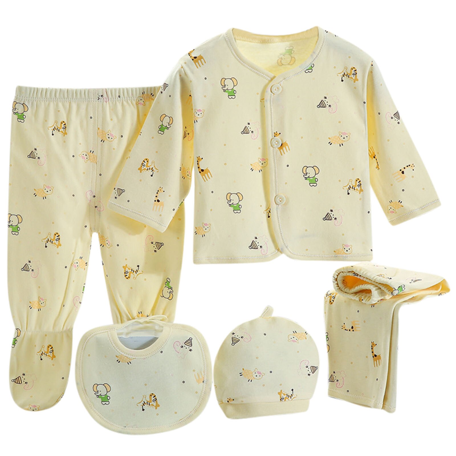 5Pcs Peuter Baby Slppwear Sets Pasgeboren Jongens Meisjes Cartoon Lange Mouwen Tops + Hoed + Broek + Bib Outfits set Zuigelingen Kleding Nachtkleding: yellow-2