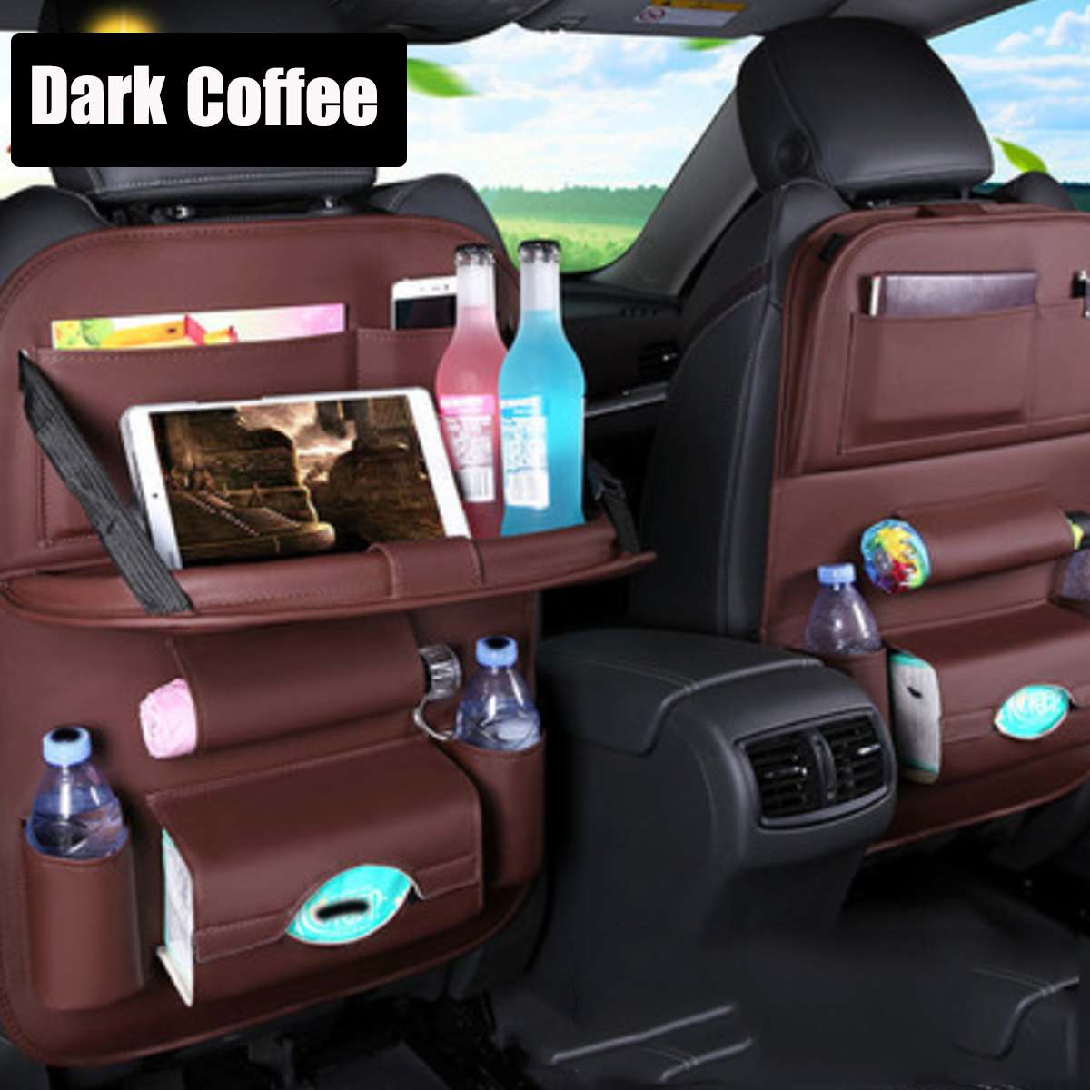 Soporte plegable para taza de coche, organizador Interior multifunción para coche, soporte para asiento de vehículo, soporte para botella de teléfono, soporte para bebidas, cajas de comida, bandeja: Marrón