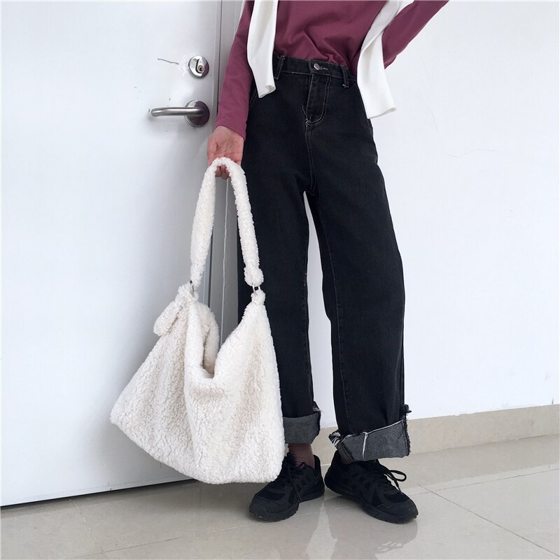 Kunstmatige lamswol dames schoudertassen luxe imitatiebont dames witte handtassen dames messenger bag grote casual tote