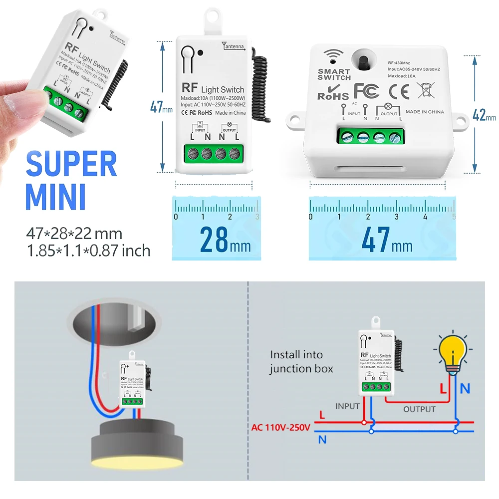 Interrupteur de lumière avec télécommande sans fil RF, AC 110V 220V 10A, relais, Mini Module de commande, transmetteur à 123 boutons pour ventilateur de lampe domestique LED