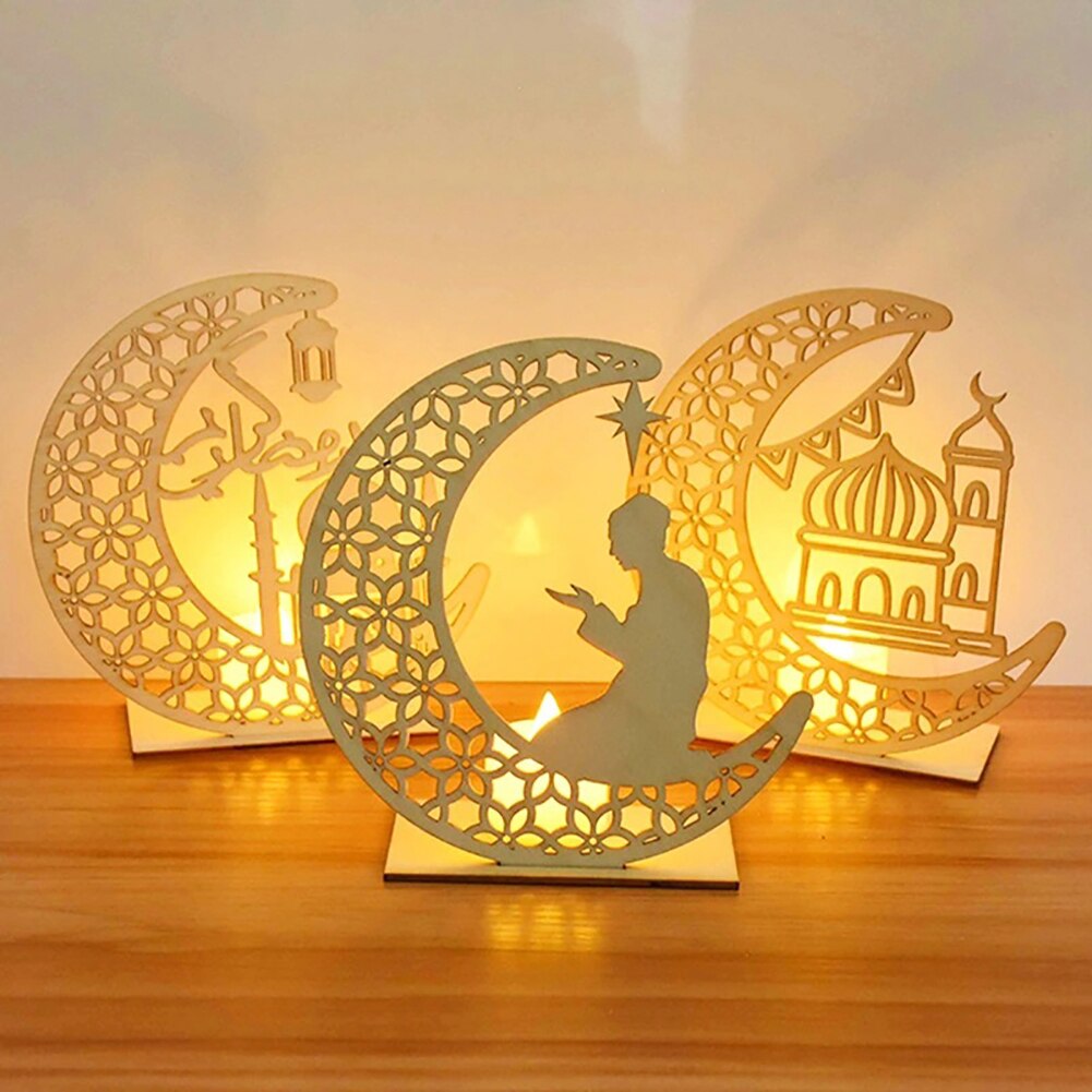 Ramadan Decoration for Home, Table Lamp Wooden Moon Star Night Lights Lantern for Party Ramadan Mubarak Eid Decoration