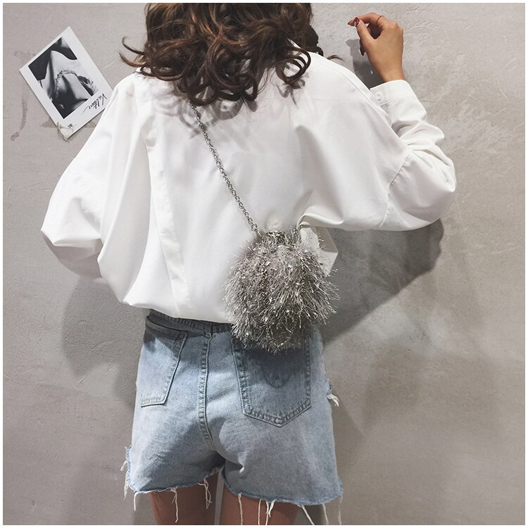 Mini Small Bag Women&#39;s Tide Hip Flask Bag Hair Wool Tassel Messenger Bag Round Bag Shoulder Bucket Bag