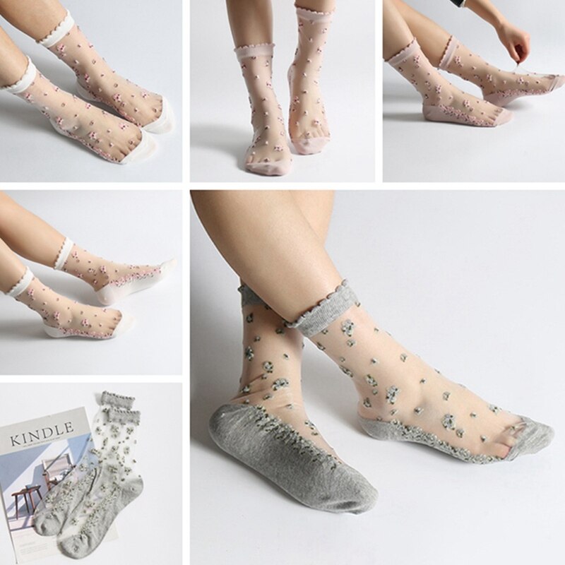 Kvinders sokker åndbare sportssokker gennemsigtig tynde blomsterblonder sokker krystal silke korte ankelstrømper sommer