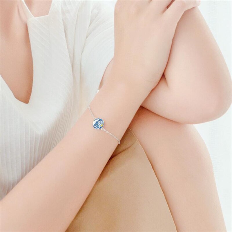 WYEAIIR 925 szterling srebro kreatywność awangarda Gogh niebieski kropla glazury gwiaździste niebo złoty księżyc kobiet naszyjnik