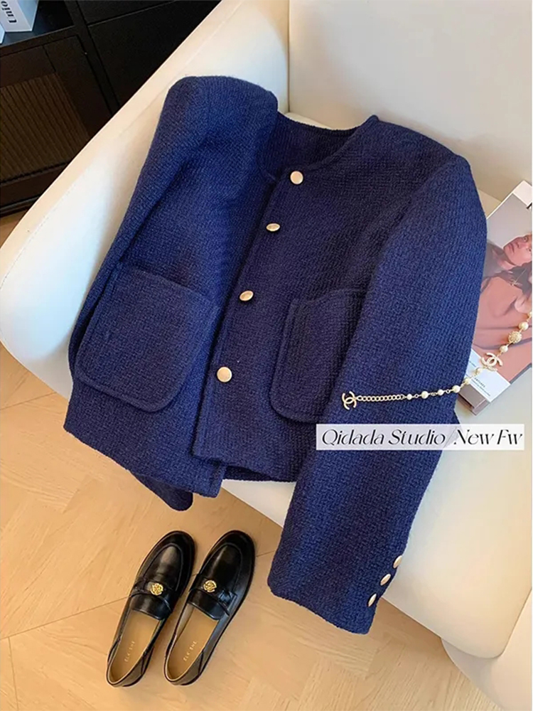 Casaco curto feminino com mistura de lã de peito único, casacos casuais, casacos clássicos, tops elegantes, estilo coreano, azul escuro