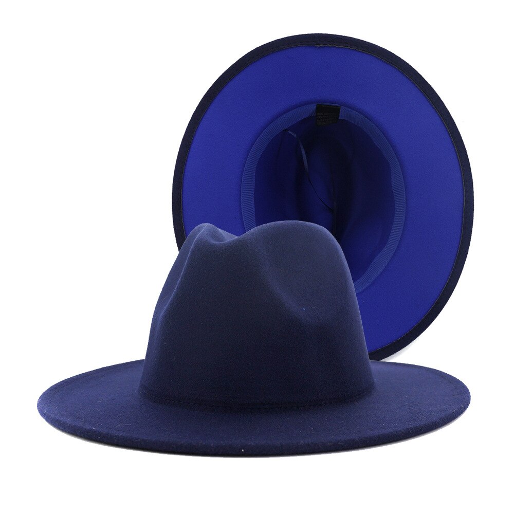 Navy Blue Patchwork Wool Felt Jazz Fedora Cowboy Hats For Women Wide Brim Panama Party Trilby Cap Men Gentleman Wedding Hat L XL: 1 / 58-61cm
