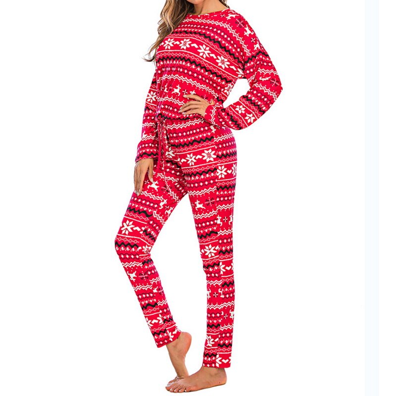 Oeak Kerst Pyjama Twee Stukken Sets Vrouwen Herfst Winter Brief Boom Print Lange Mouwen Tops + Lange Potlood Broek Nachtkleding suits: red / Asian Size M