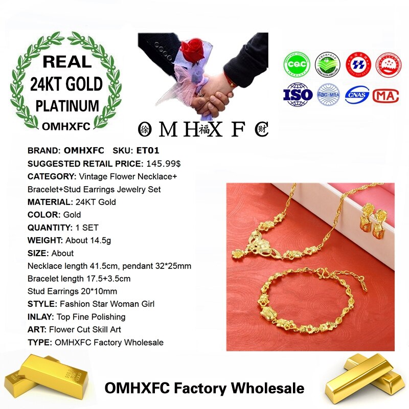 OMHXFC Europese Mode Vrouw Huwelijkscadeau Vintage Bloem 24KT Gouden Ketting + Armband + Oorbellen Sieraden Set ET01