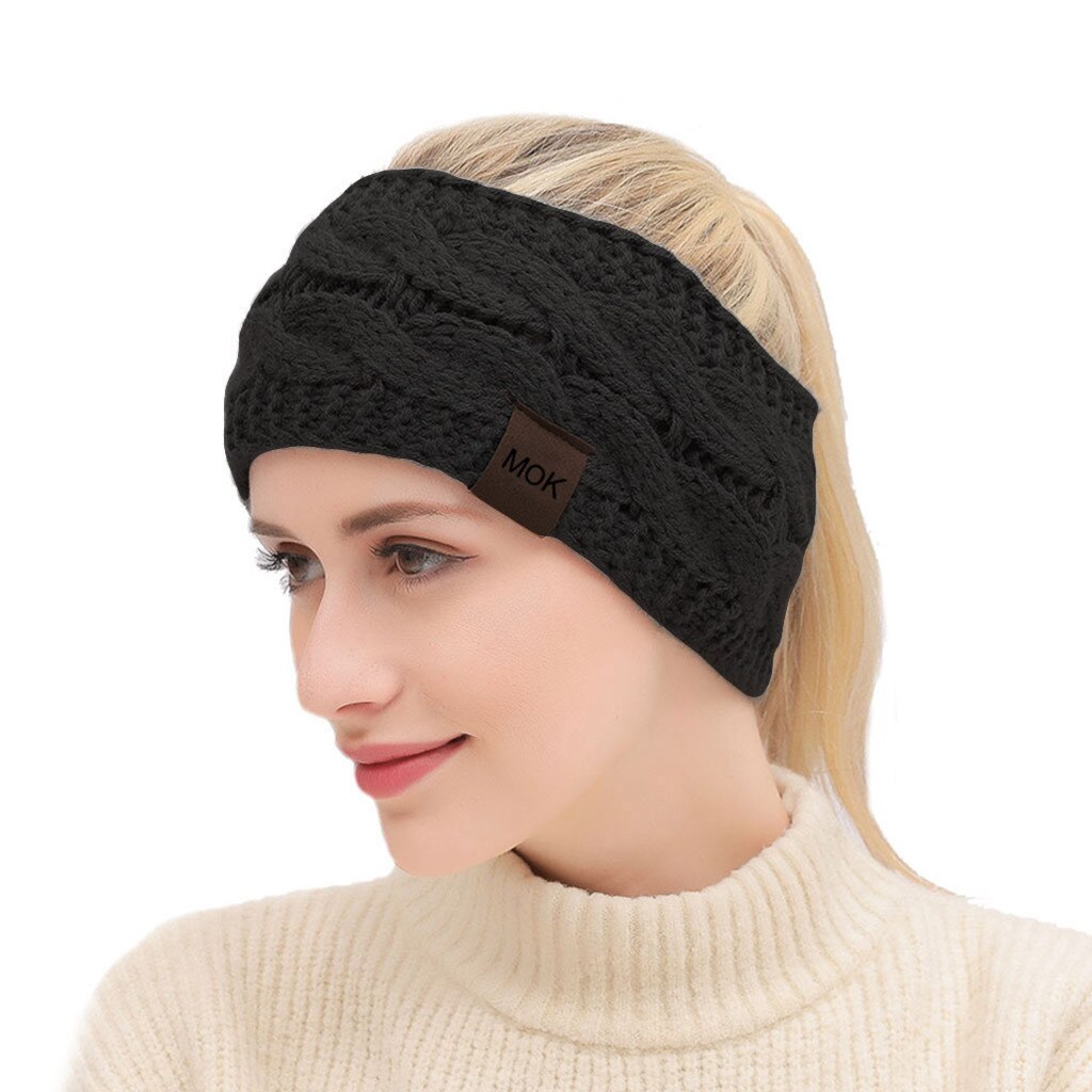 Diadema más cálida tejida para otoño e invierno, turbante deportivo para mujer, banda ancha de ganchillo, accesorios para el cabello: Black