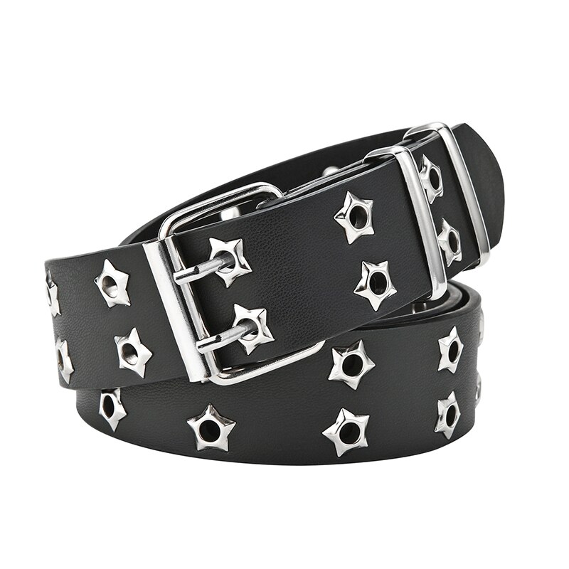 Punk Style Double Star Eyelet Waist Belt Adjustable PU Leather Punk Belt Wide Belt Two Row Hole Pin Buckle Female Belt