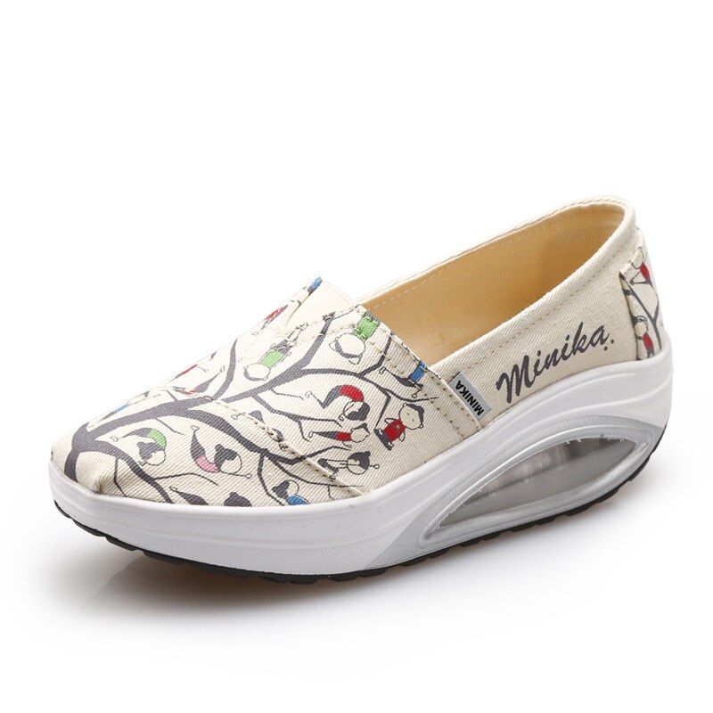 Minika Fitness Shoes Women Sport Swing Wedges Platform Zapatos Mujer Canvas Trainers Loss Weight Feminino Toning Shoes: Beige / 7