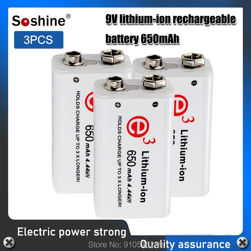 Soshine 6F22 650mAh 9V Li-ion Rechargeable Battery with Portable Battery Box for Multimeter / Wireless Microphone / Alarm: 3PCS