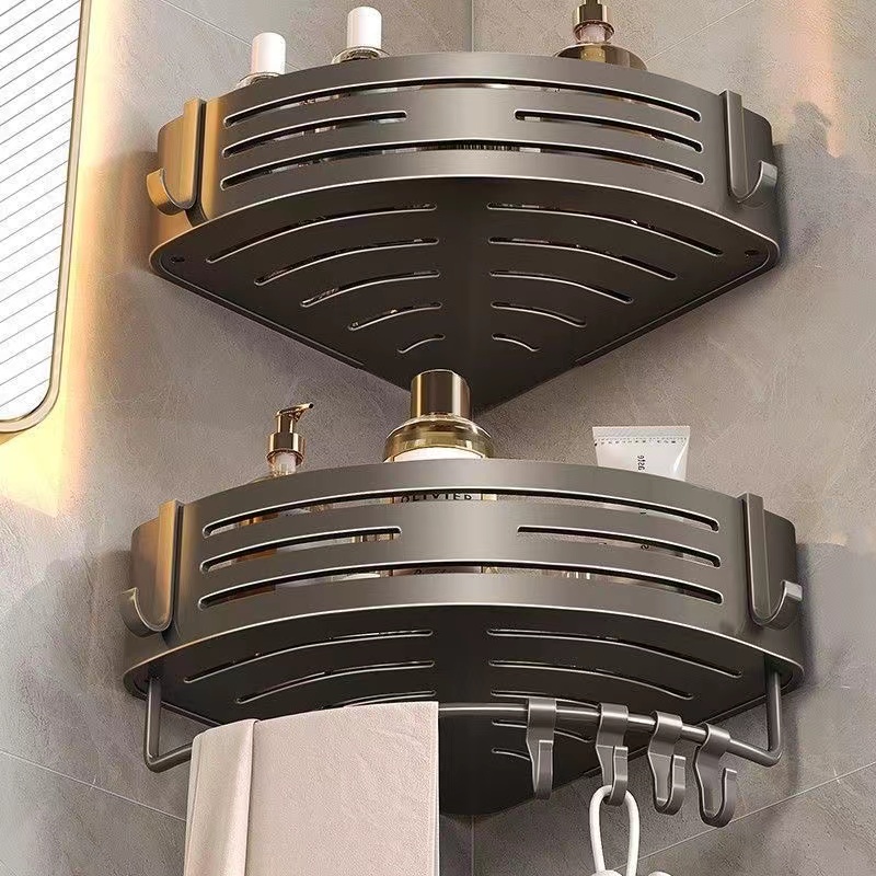 Estante esquinero para baño sin taladro, estantes esquineros para ducha montados en la pared con gancho, barra de toalla, estante organizador de baño de aluminio espacial