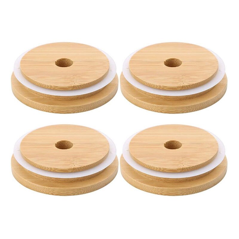 4Pcs Bamboo Mason Jar Lids with Straw Hole Reusable Wooden Caps Lids and Seal for Canning Drinking Glasses Storage Jars