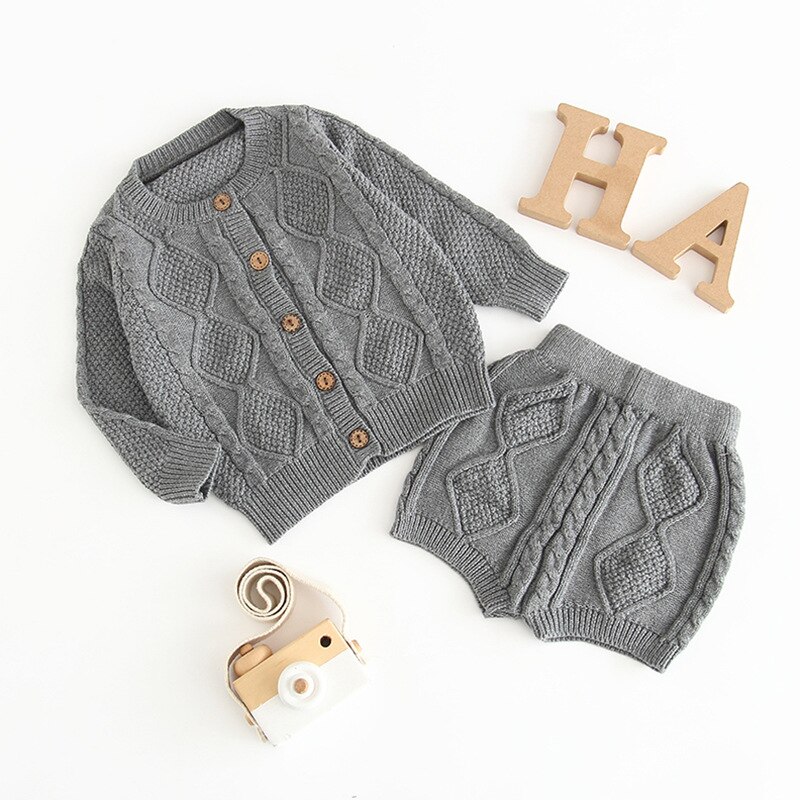 Spring Baby Boys and Girls Rhombus Sweater Pure Cotton Cardigan Suit Long Sleeve Outdoor Clothes Cute: Gray / 12M