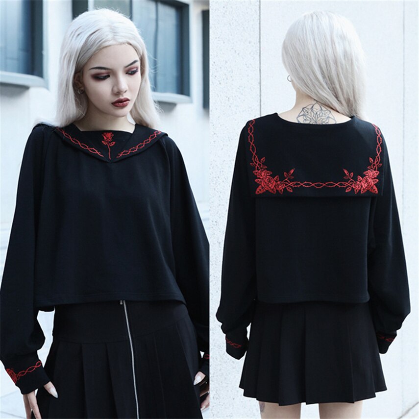 Gothic Girl High School Embroidery Uniforms Japan Version JK Short Tops Shirt Woman Long Sleeve Black Sailor Costumes