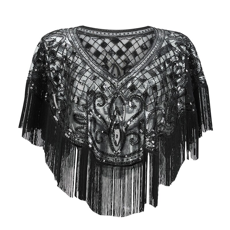 Tonval Vintage 1920s Scarves Pashmina Tassel Beaded Flapper Shawl Women Luxury Sequin Mesh Cape Cover Up Shawls and Wraps: Black