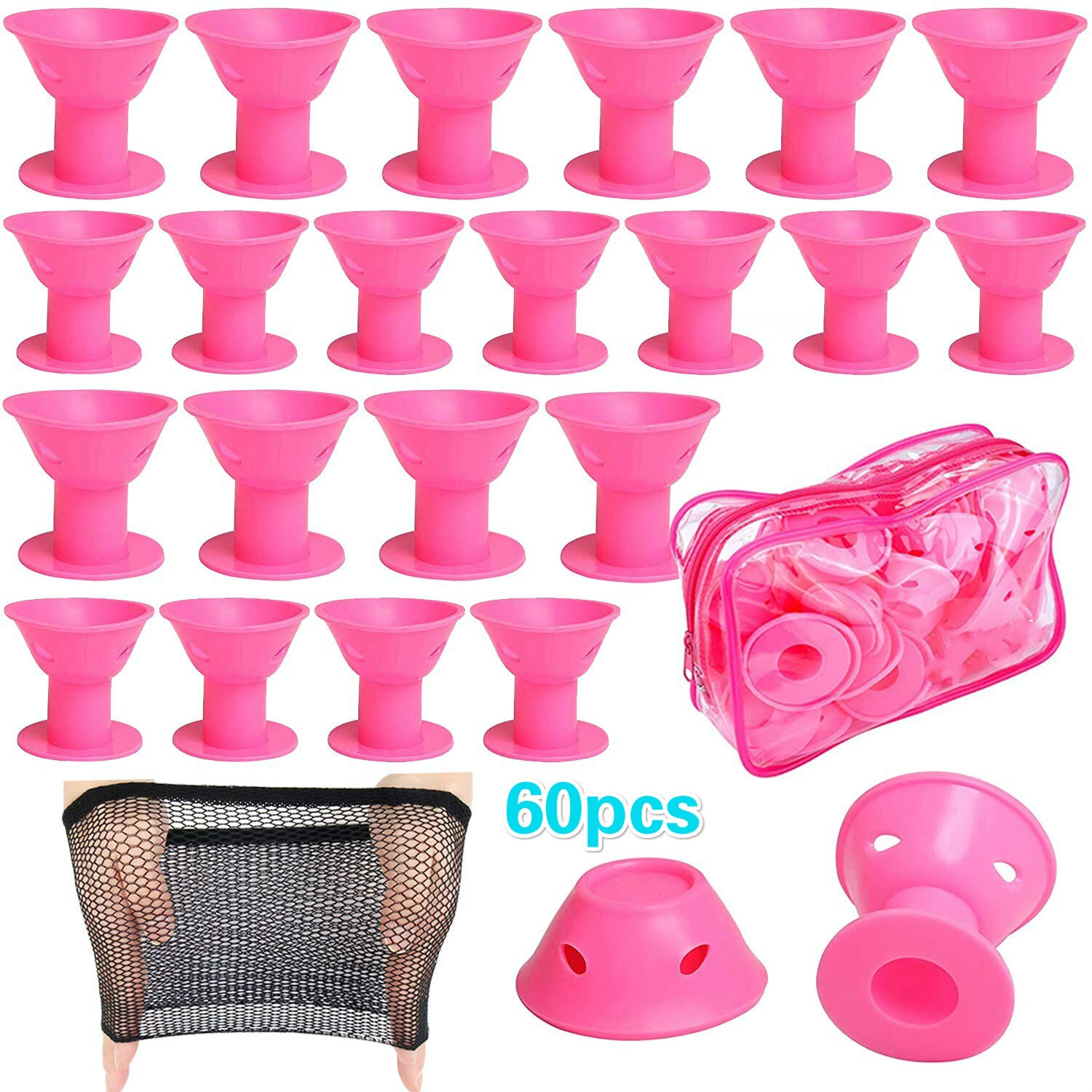 60 Stck Haar Rollen Silikon Blau Rosa Haar Lockenwickler einstellen Weiche Gummi Magie Haar Curler Modeler Heatless Haircurlers: Rosa 30 groß 30 klein