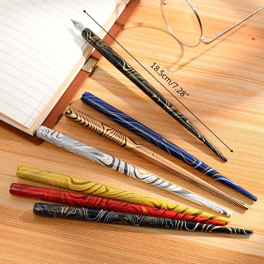 Marble Wood Manga Calligraphy Dip Pen Holder with 6 Nibs for Lettering Skiching