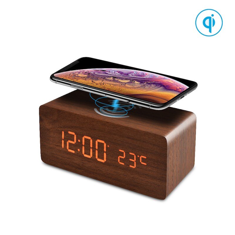 FiBiSonic Holz LED Digital Tisch Wecker mit Mit Qi kabellos aufladen Pad Kompatibel Mit Für Iphone Samsung: Braun rot
