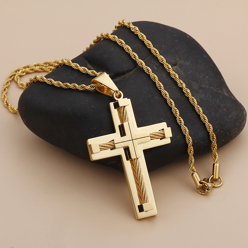 Gull rustfritt stål wire kjede stor biker cross crucifix anheng halskjede tau kjede menn & #39 ;s kvinner punk 4mm 22 tommer